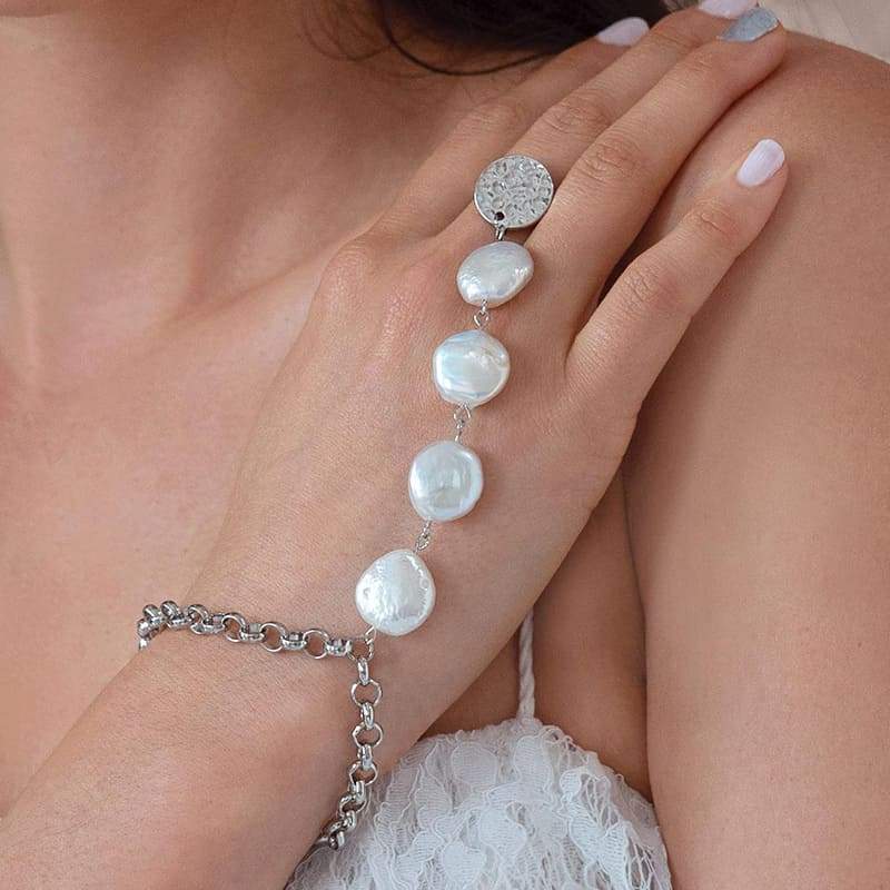 White Sloan Bohemian Bracelet Ring on hand shoulder