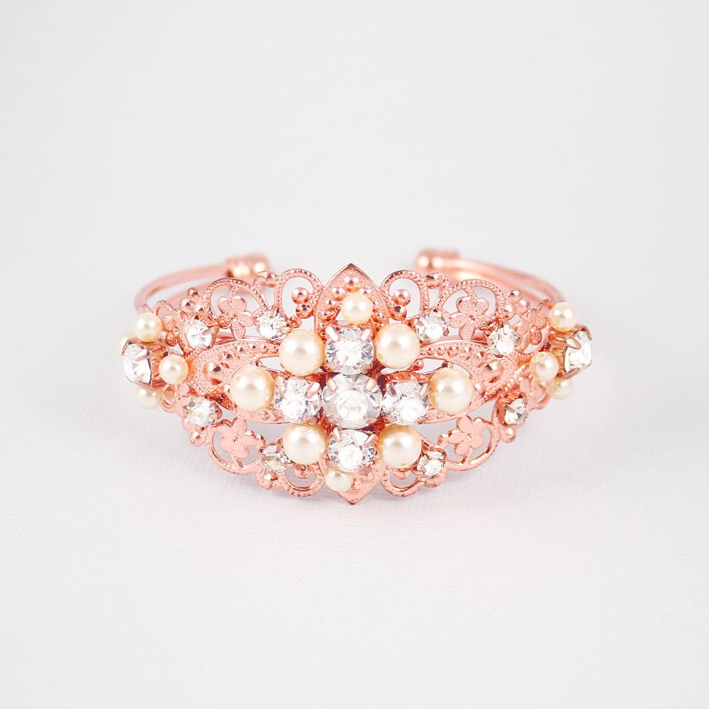Rose gold Sylvia Vintage Style Wedding Bracelet on grey