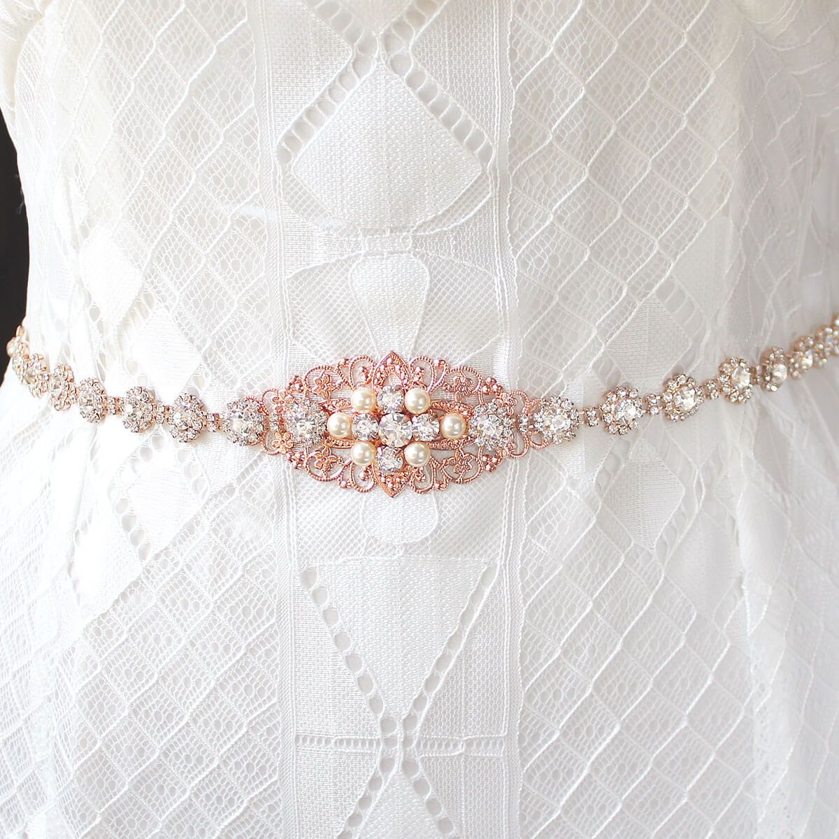 Rose gold Sylvia Bridal Belt from front