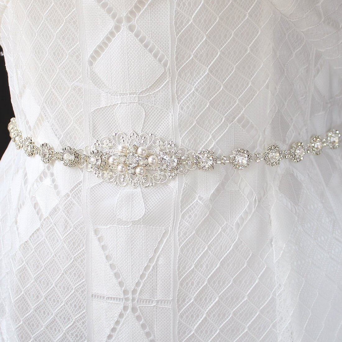 Silver Sylvia Bridal Belt from front