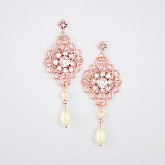 Rose gold Sylvia Bridal Victorian Earrings on silver