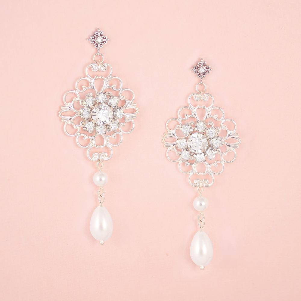 Silver Sylvia Bridal Victorian Earrings on pink