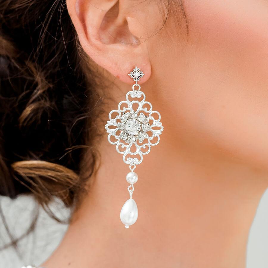 Silver Sylvia Bridal Victorian Earrings from front