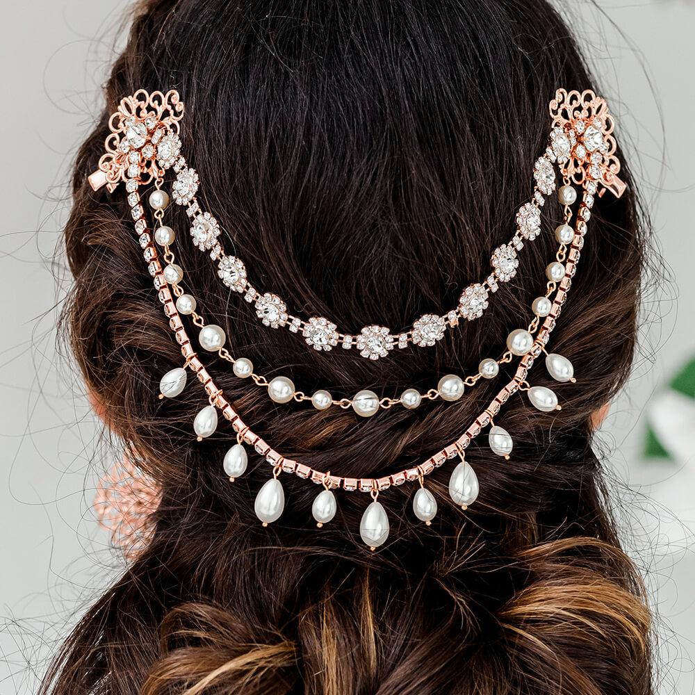 Rose gold Sylvia Bridal Hair Clip Headpiece from back