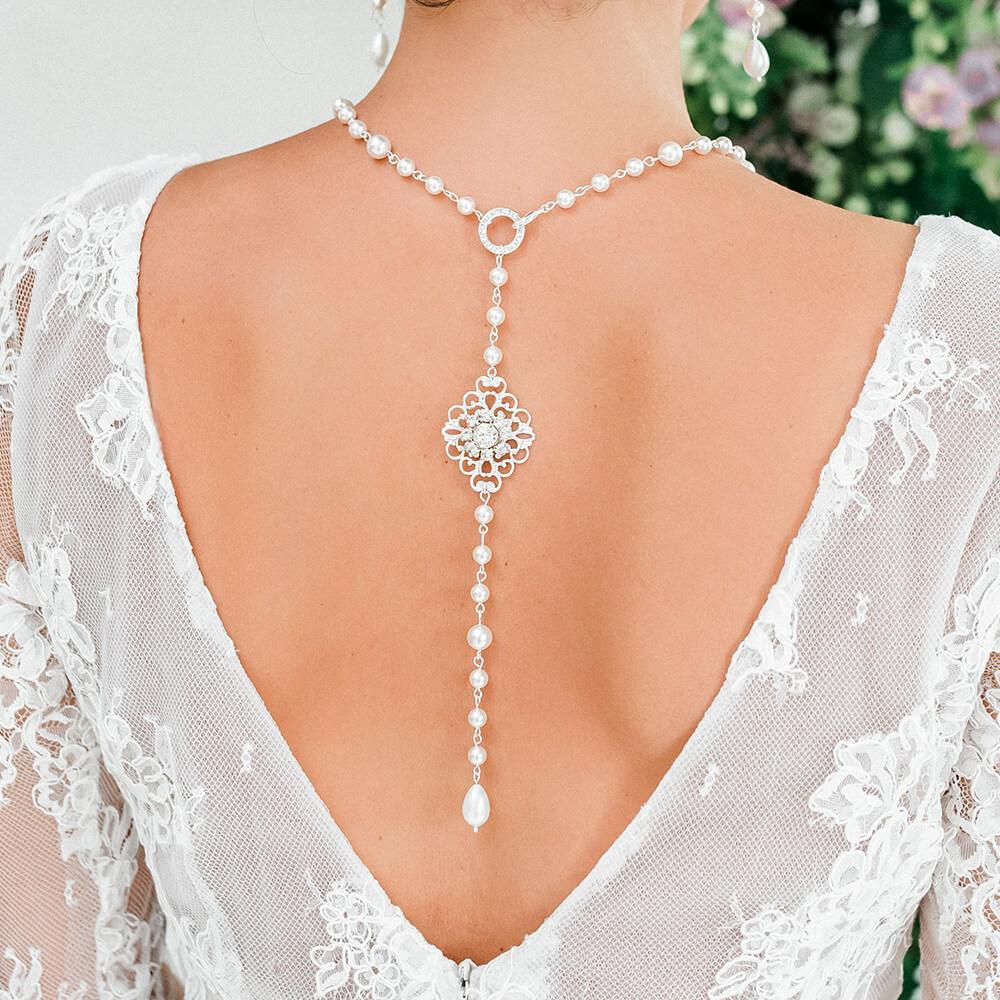Silver Sylvia Bridal Back Necklace from back