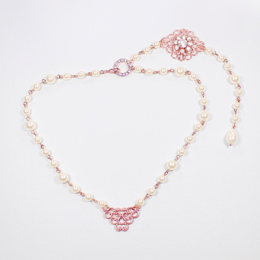 Rose gold Sylvia Bridal Back Necklace on grey