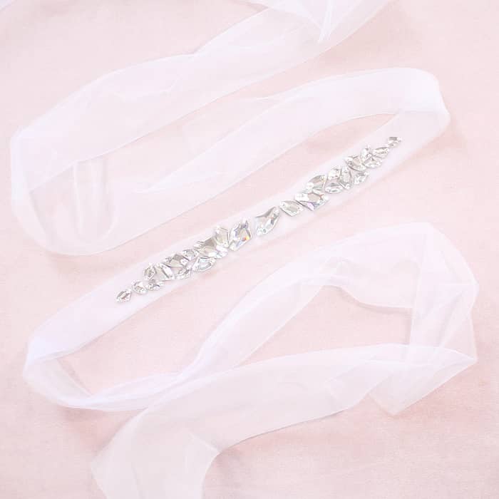 Sza modern bridal headband veil white tulle with crystals on pink background