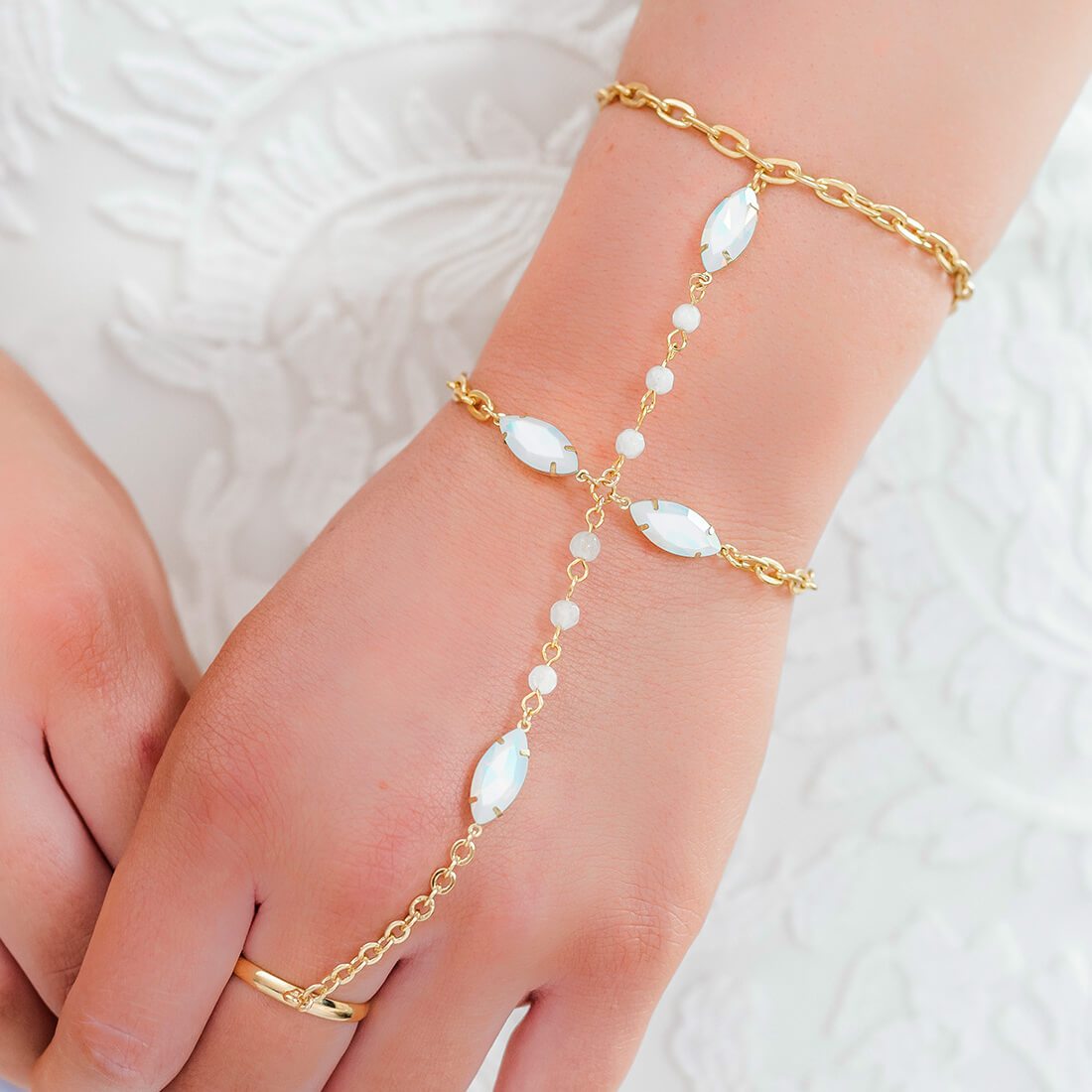 Gold Tallulah White Opal Hand Chain Bracelet from front