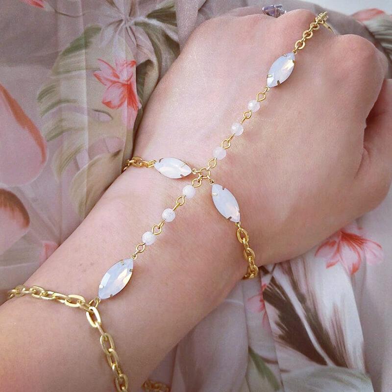 Gold Tallulah White Opal Hand Chain Bracelet from top