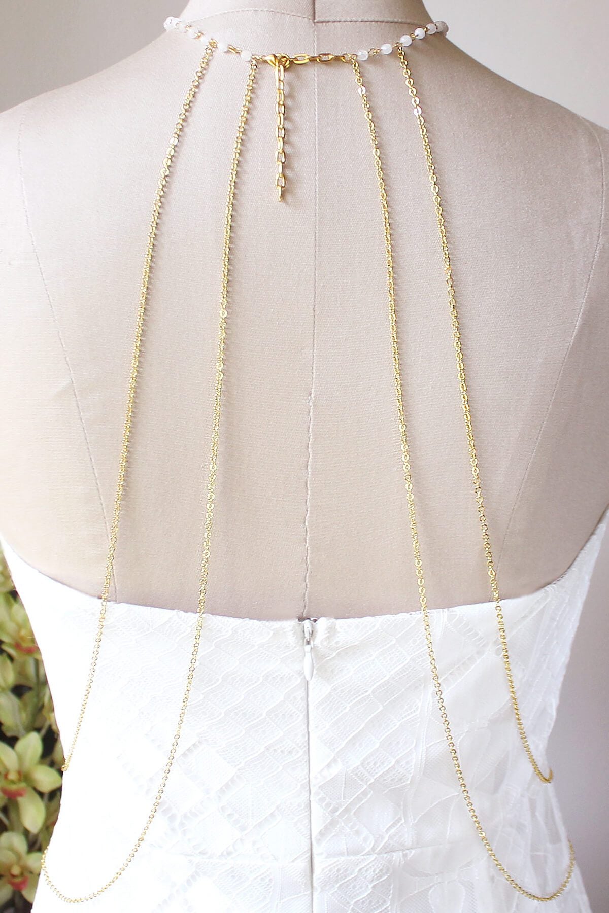Gold Tallulah Body Chain Harness Necklace from back
