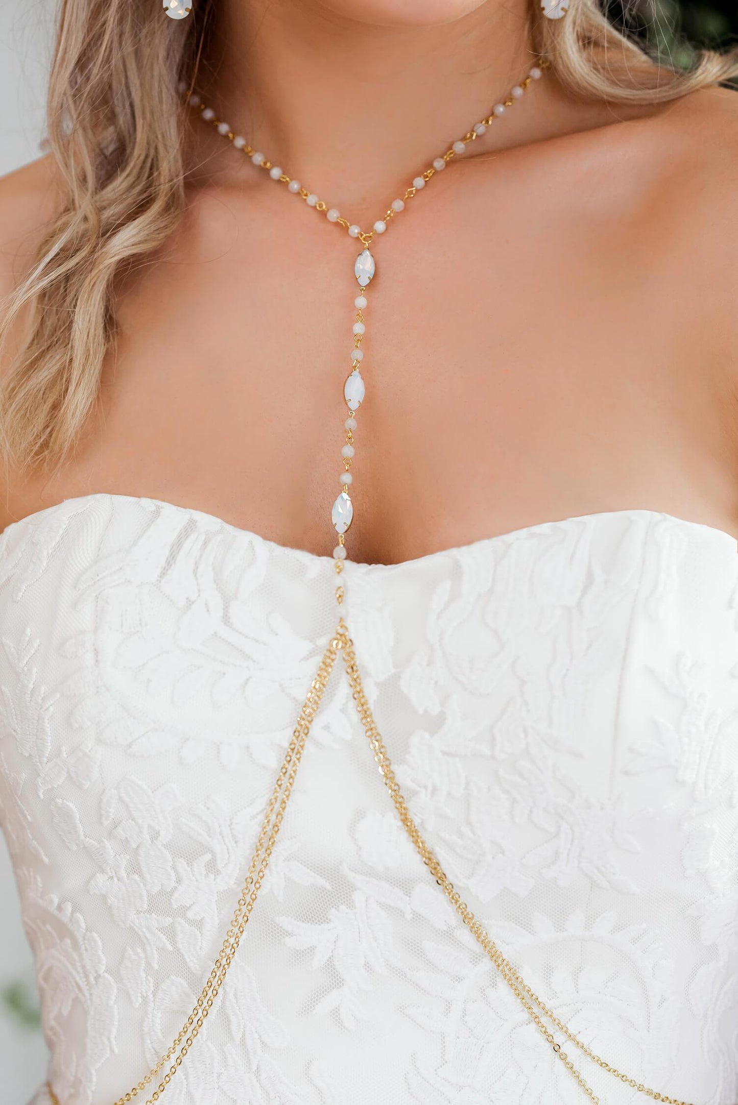 Gold Tallulah Body Chain Harness Necklace from side