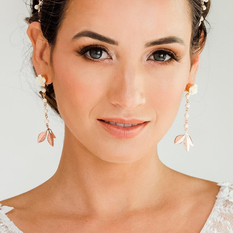 Rose gold Thea Leaf Earrings from front