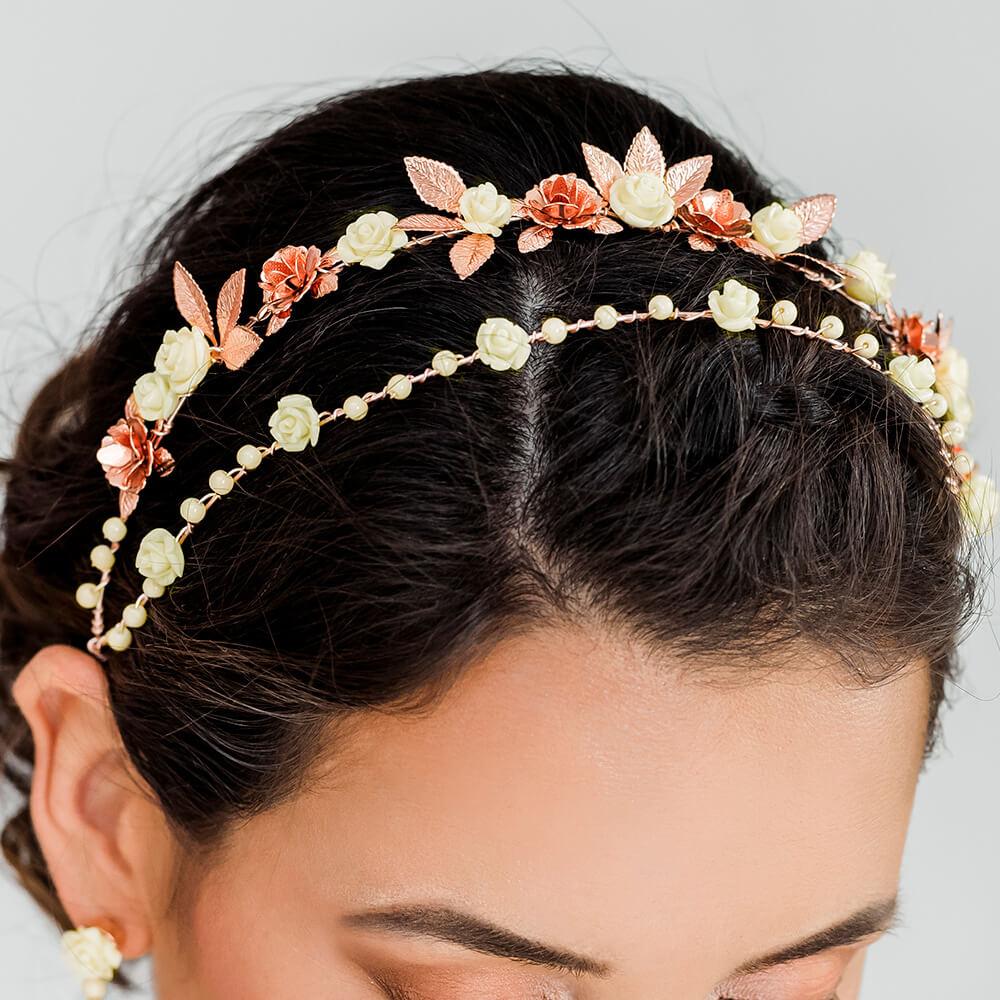 Rose gold Thea Delicate Rose Double Headband from top