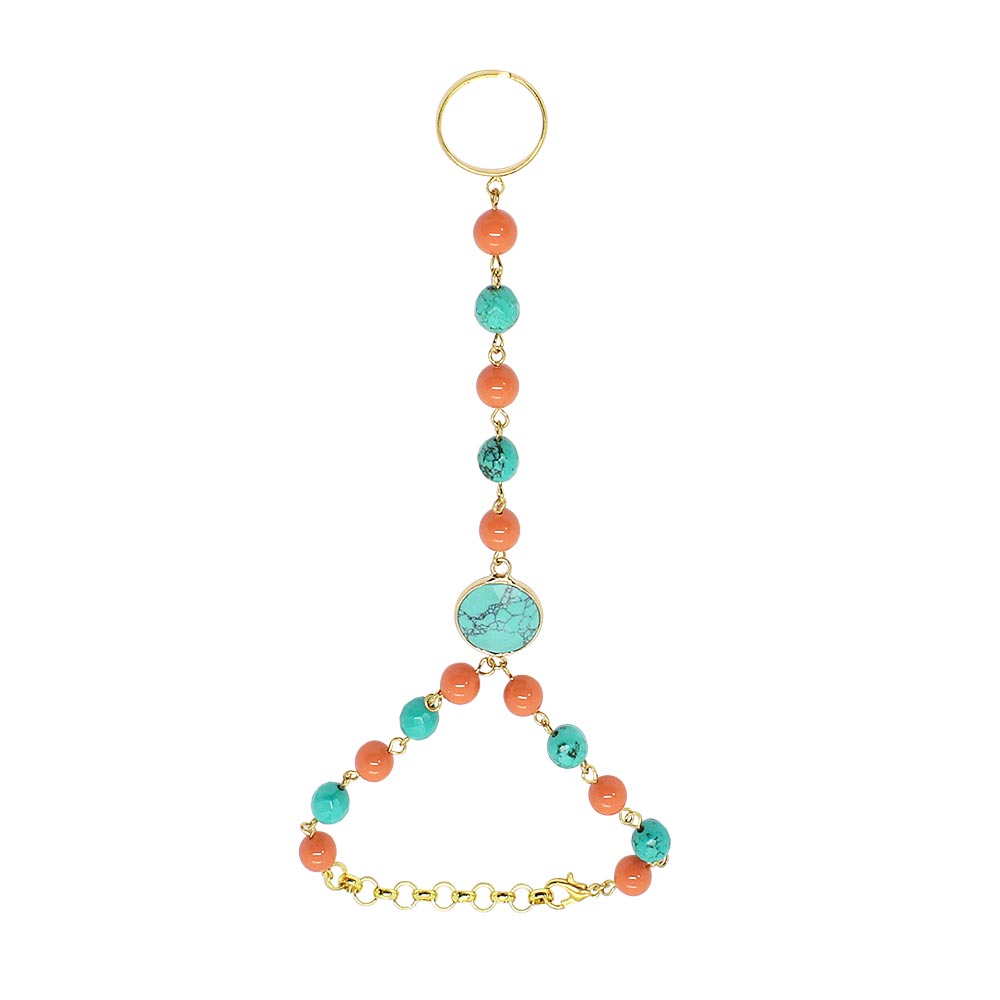 Tinashe turquoise and coral bracelet ring on white background