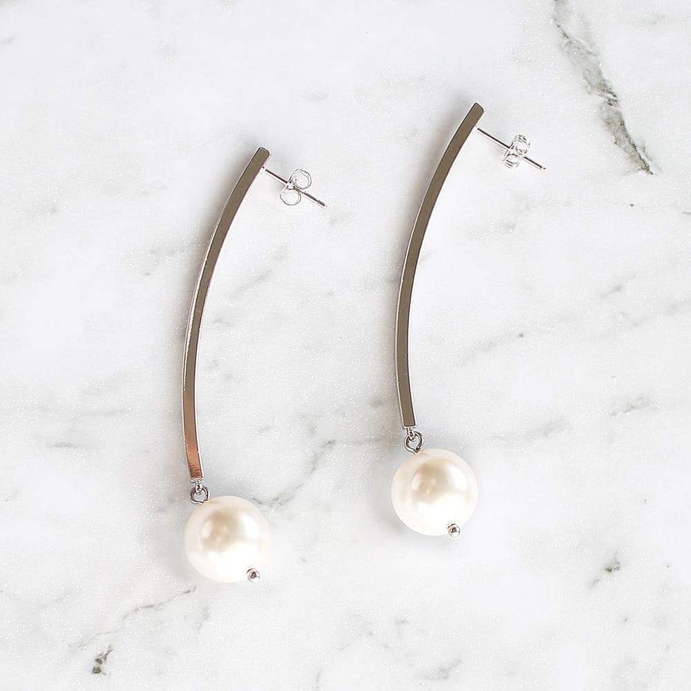 Silver with Off White Virgo Long Bar Pearl Earrings on grey