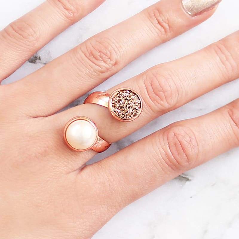 Virgo pearl and druzy wrap ring, rose gold with ivory pearl on finger