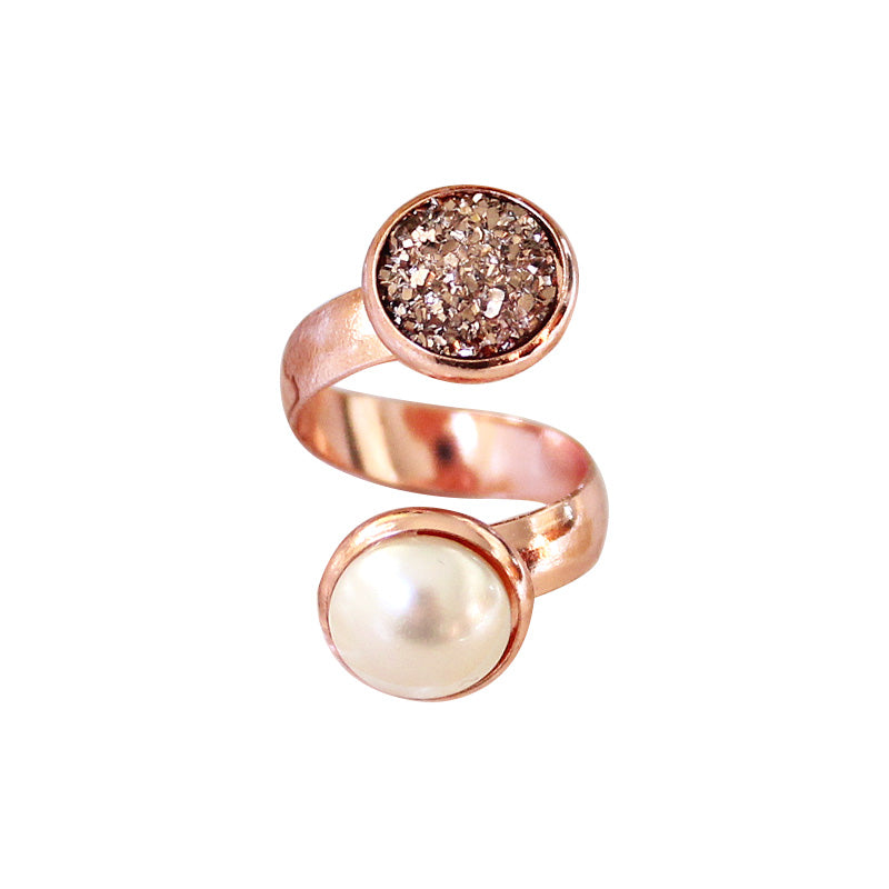 Virgo pearl and druzy wrap ring, rose gold with ivory pearl on white background