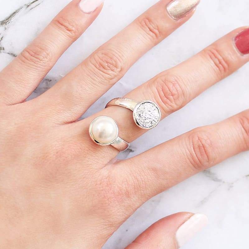 Virgo pearl and druzy wrap ring silver with off white pearl on finger