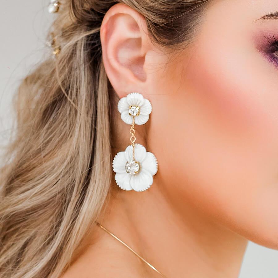 Gold Wanika Tropical Flower Bridal Earrings from side