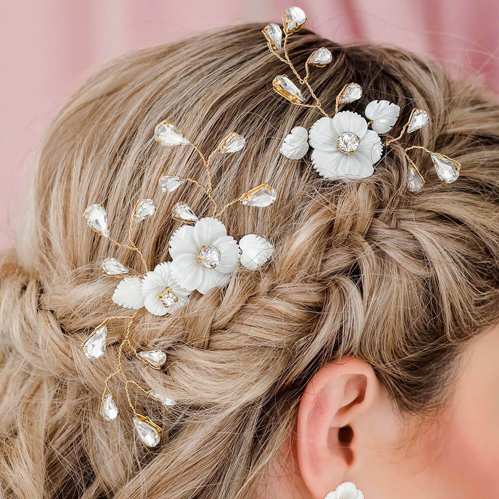 Gold Wanika Tropical Flower Bridal Hair Combs from back