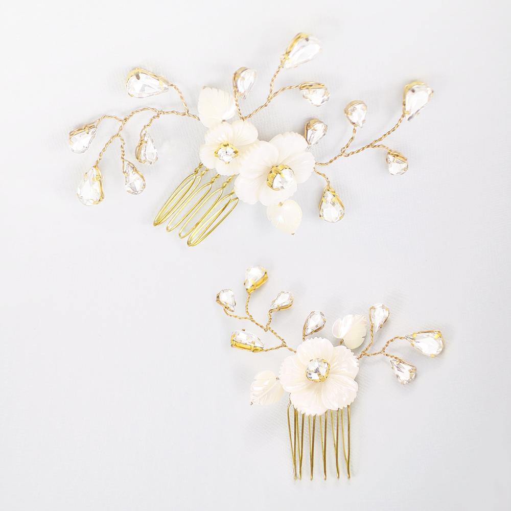 Gold Wanika Tropical Flower Bridal Hair Combs on grey