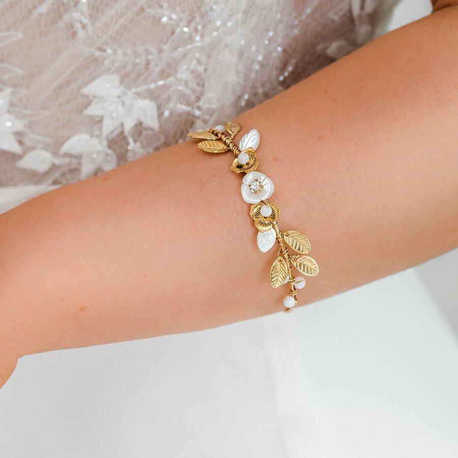 Gold Willa Flower Bridal Bracelet from side