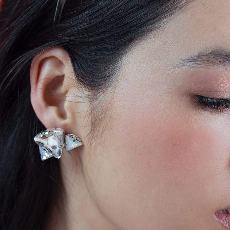 Silver Zendaya Geometric Crystal Earrings on right ear
