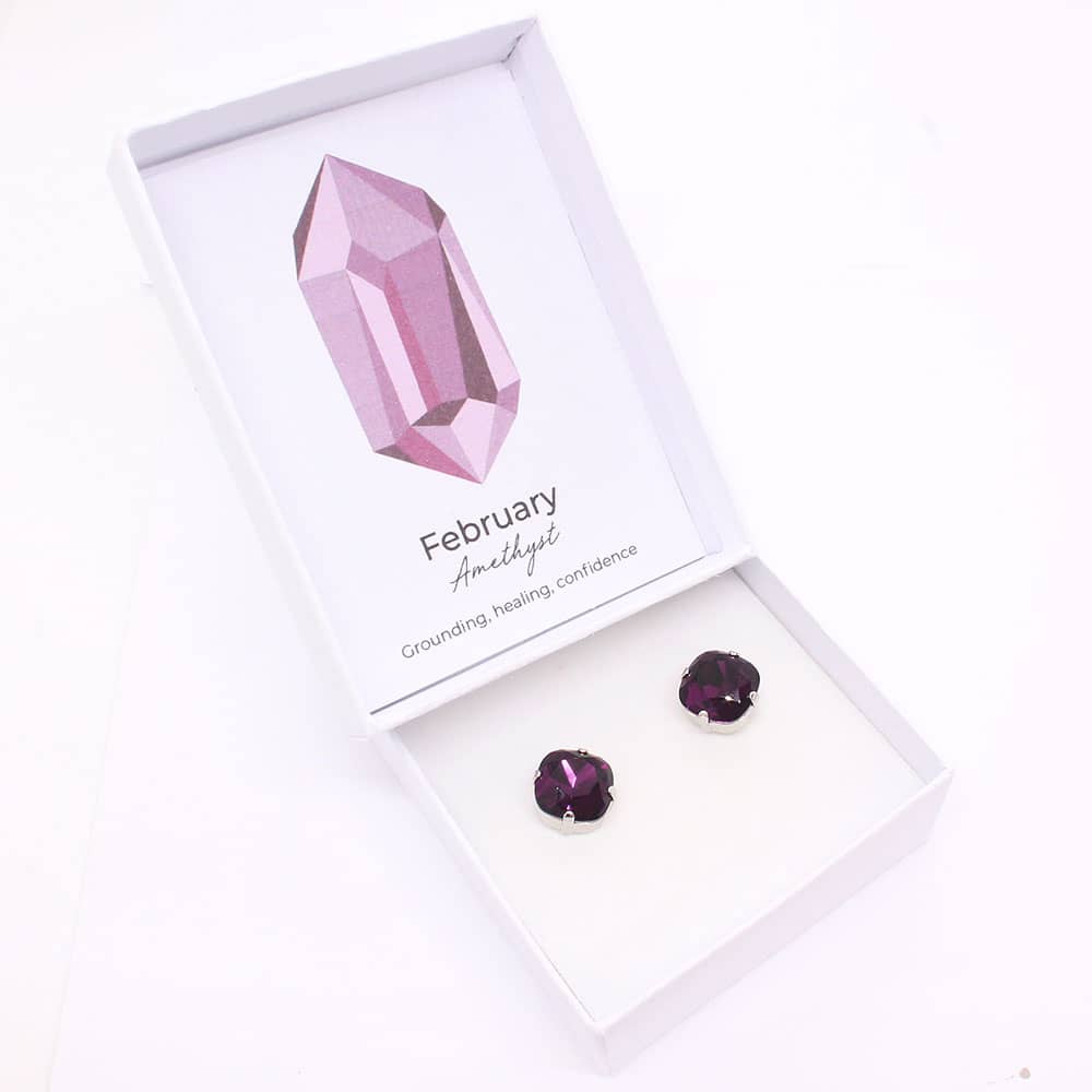 Amethyst Zodiac Crystal Stud Earrings with box