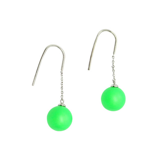 Zoe neon ball earrings, neon green ball earrings with silver hooks on white background
