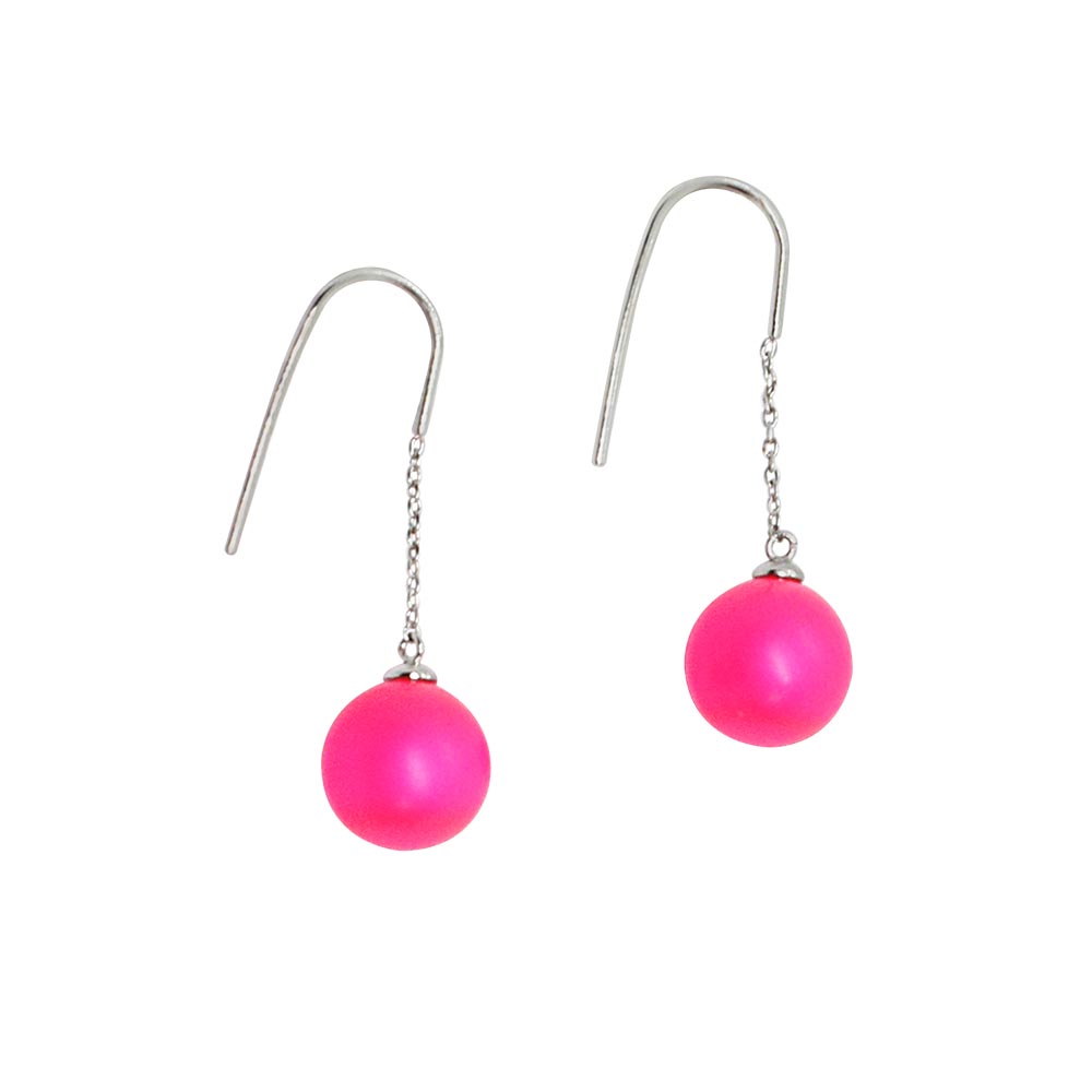 Zoe neon ball earrings, neon pink ball earrings with silver hooks on white background