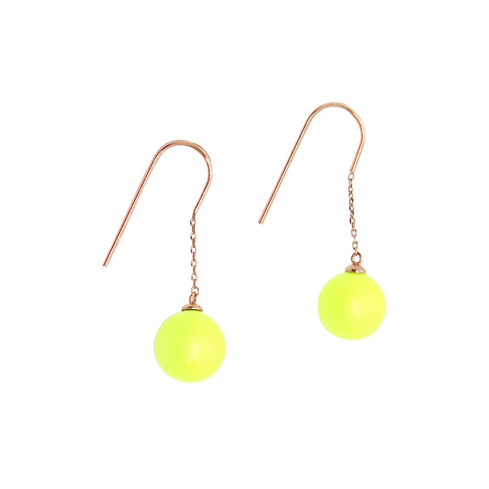 Zoe neon ball earrings, neon yellow ball earrings with rose gold hooks on white background